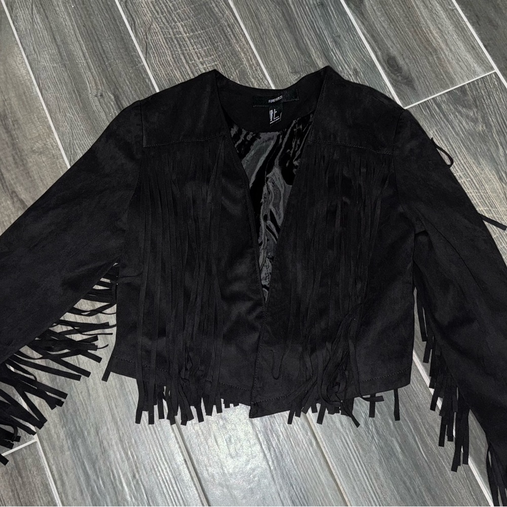Forever 21 Black Fringe Teddy Jacket
